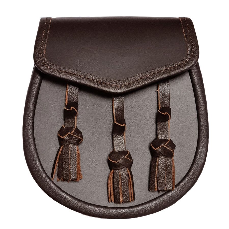 Leather Day Sporran with Three Hand Knotted Tassels in Brown with Leather Chain Strap