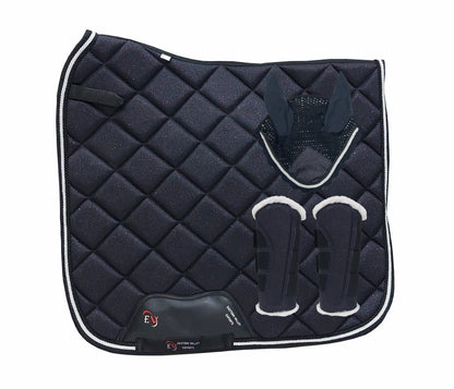 Horse Saddle Pad Set including Fly Veils & Tendon Boots, Shiny Glitter Black - Dressage