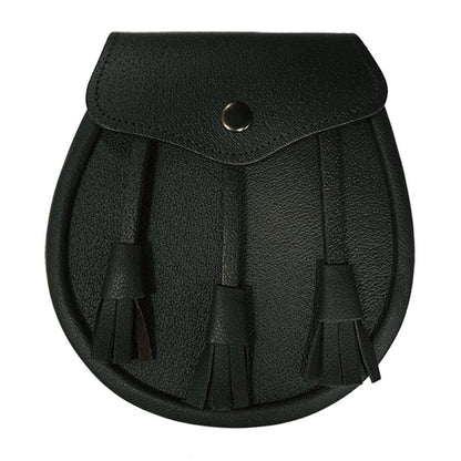 Leather Day Sporran with 3 Leather Tassels in Black with Leather Chain Strap.