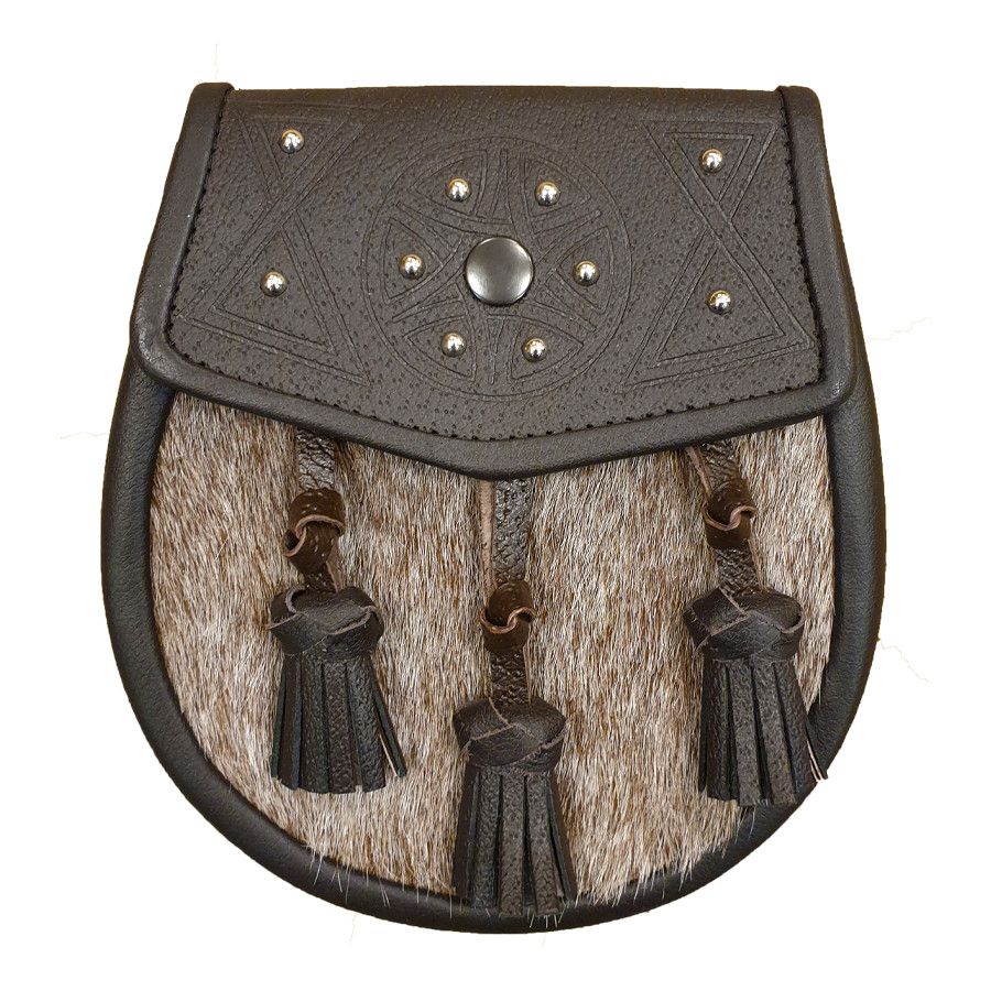Pony Skin Semi Dress Sporran with Celtic Design Brown Leather Flap and Tassels with Leather Chain Strap