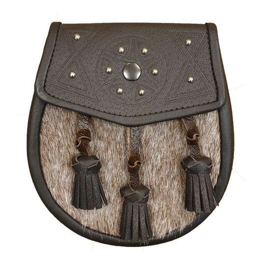Pony Skin Semi Dress Sporran with Celtic Design Brown Leather Flap and Tassels with Leather Chain Strap