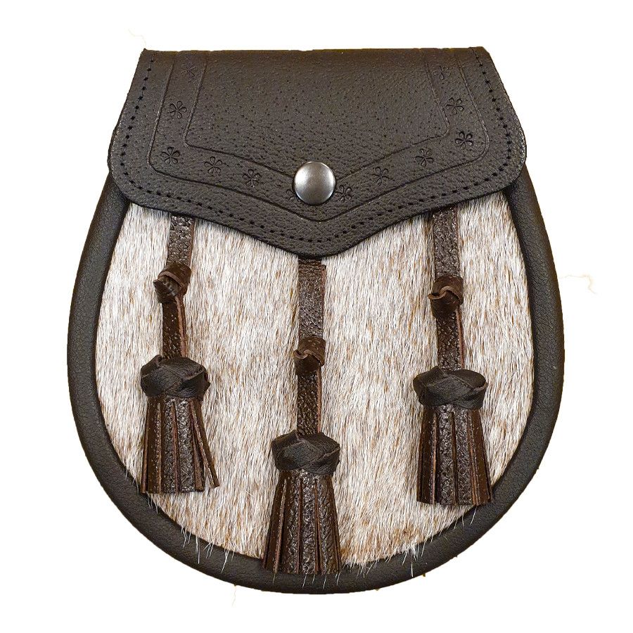 Pony Skin Semi Dress Sporran with Embossed Brown Leather and 3 Leather Tassels with Leather Chain Strap