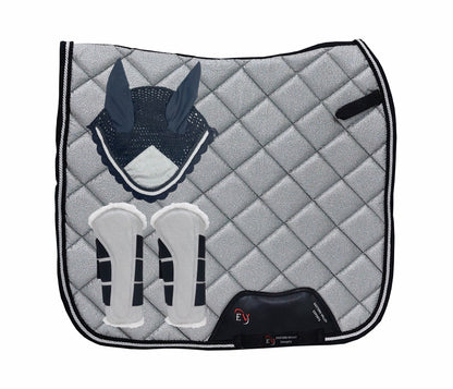 Horse Saddle Pad Set including Fly Veils & Tendon Boots, Shiny Glitter Silver - Dressage