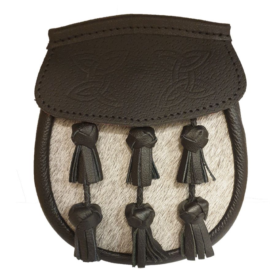 Pony Skin Semi Dress Sporran with Black Leather Flap and Plaited Tassels with Leather Chain Strap