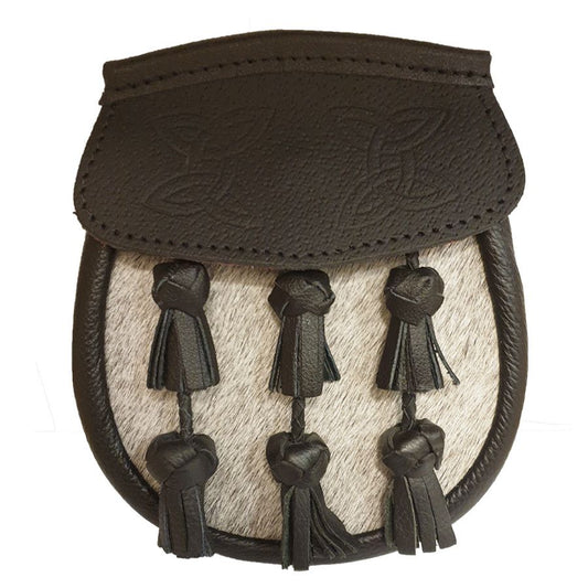 Pony Skin Semi Dress Sporran with Black Leather Flap and Plaited Tassels with Leather Chain Strap