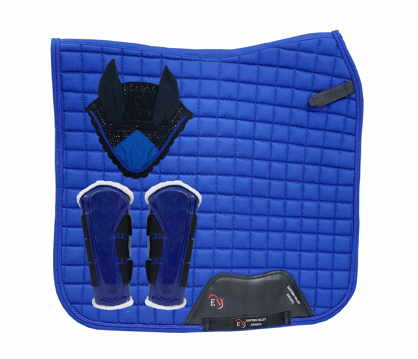 Horse Saddle Pad Set including Fly Veils & Tendon Boots,  Navy Blue Cotton Quilted - Dressage