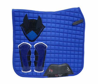 Horse Saddle Pad Set including Fly Veils & Tendon Boots,  Navy Blue Cotton Quilted - Dressage