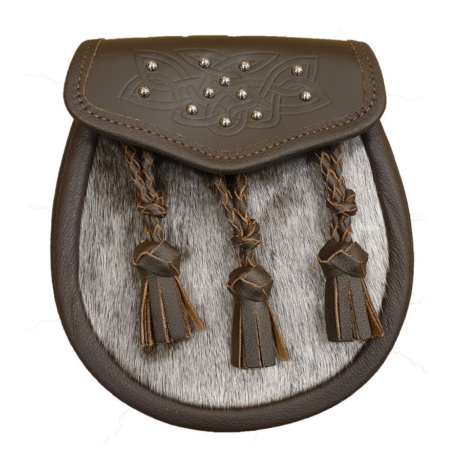 Leather Semi Dress Sporran with Celtic Brown Leather Flap and 3 Plaited Tassels with Leather Chain Strap