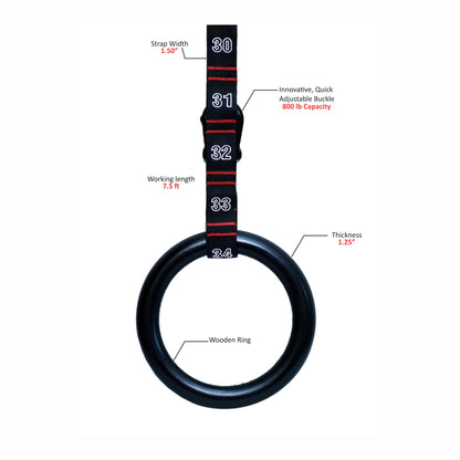 Gymnastic Rings Wooden with Straps Gym Fitness Training Portable Ring Straps Adjustable Numbered Straps