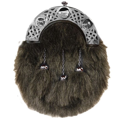 Faux Fur Dress Sporran with Open Work Celtic Knot Cantle in Brown with Leather Chain Strap