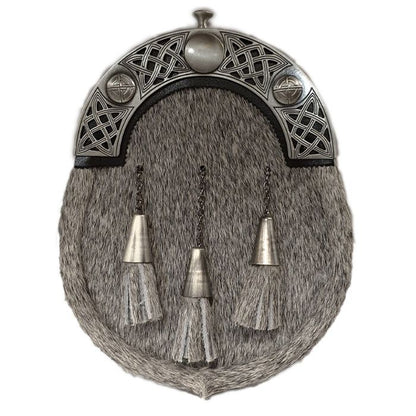 Pony Skin Dress Sporran - with Open Work Celtic Design Cantle in Antique Finish with Leather Chain Strap