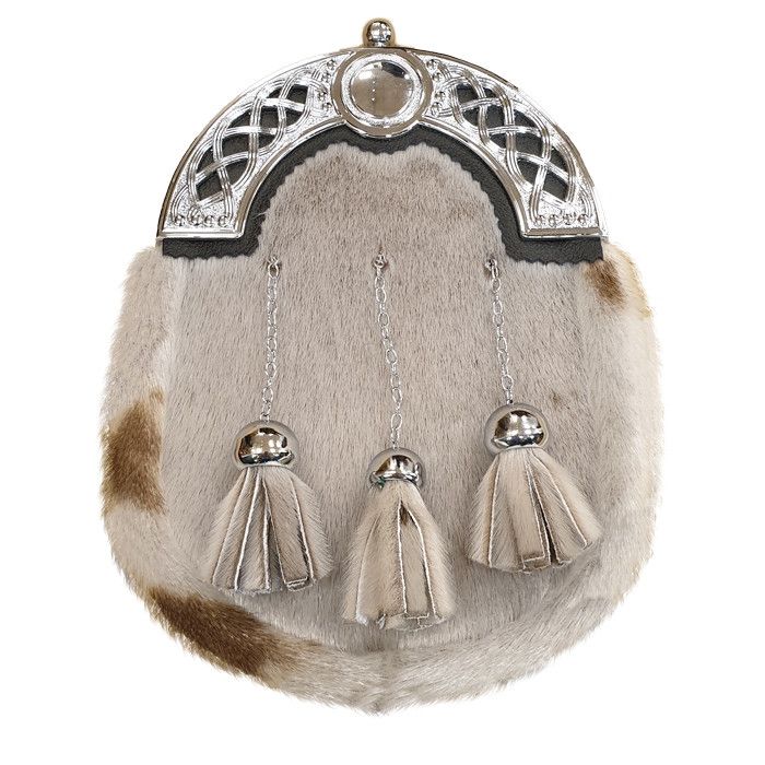 Leather Dress Sporran with Open Celtic Cantle in a Chrome Finish with Leather Chain Strap