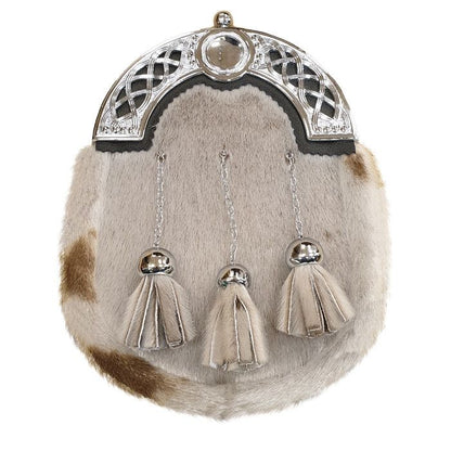 Leather Dress Sporran with Open Celtic Cantle in a Chrome Finish with Leather Chain Strap