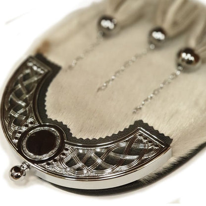 Leather Dress Sporran with Open Celtic Cantle in a Chrome Finish with Leather Chain Strap