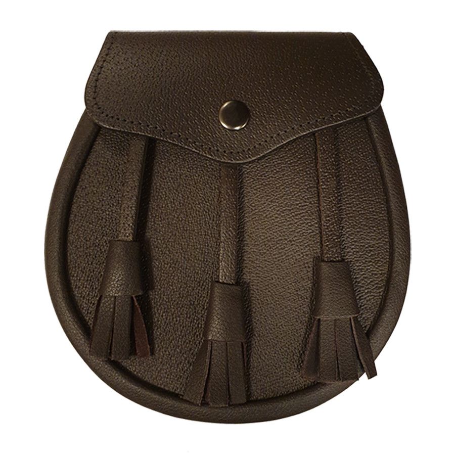 Leather Day Sporran with 3 Leather Tassels in Brown with Leather Chain Strap.