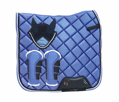 Horse Saddle Pad Set including Fly Veils & Tendon Boots, Shiny Glitter Blue - Dressage