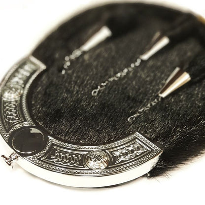 Leather Dress Sporran in Black with Celtic Dress Cantle in Chrome Finish with Leather Chain Strap