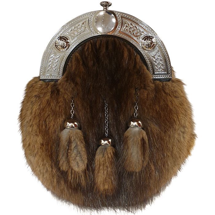 Musquash Dress Sporran with Celtic Cantle and 3 tassels in Chrome Finish with Leather Chain Strap
