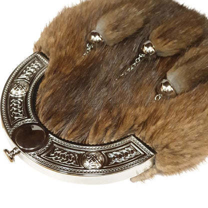 Musquash Dress Sporran with Celtic Cantle and 3 tassels in Chrome Finish with Leather Chain Strap
