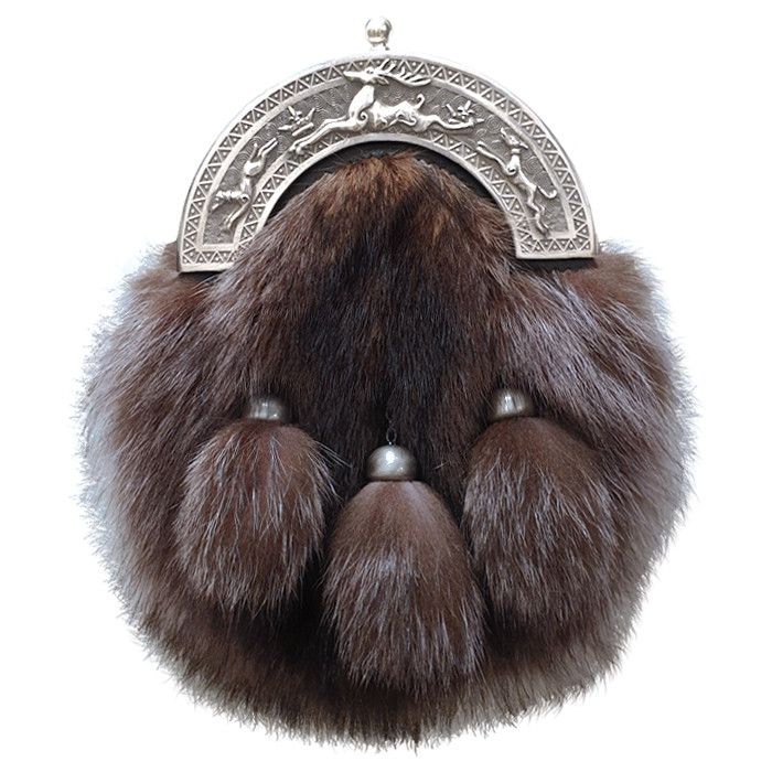 Faux Fur Dress Sporran with Stag and Hound Cantle in Antique Finish with Leather Chain Strap