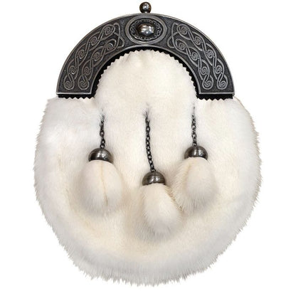 White Faux Fur Dress Sporran with Celtic Oval Design Cantle and 3 tassels in Antique Finish with Leather Chain Strap