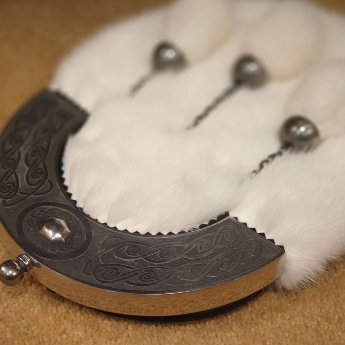 White Faux Fur Dress Sporran with Celtic Oval Design Cantle and 3 tassels in Antique Finish with Leather Chain Strap
