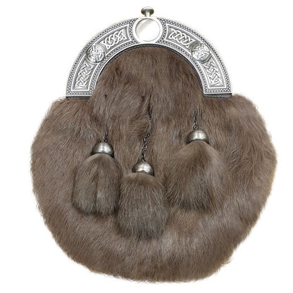 Faux Fur Dress Sporran with Celtic Knot Cantle in Antique Finish with Leather Chain Strap