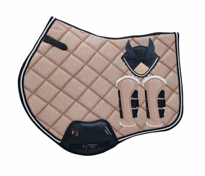 Horse Saddle Pad Set including Fly Veils & Tendon Boots, Shiny Glitter Golden - Jumping