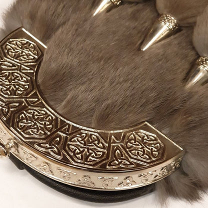 Faux Fur Dress Sporran with Intricate Celtic Design Cantle in Antique Polished Finish with Leather Chain Strap