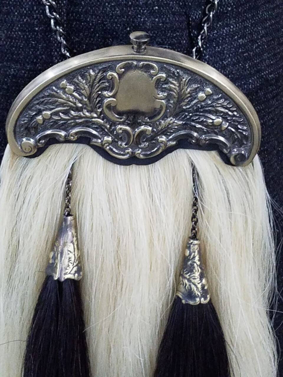 Long Horse Hair Sporran with Two White Tassels Handmade Cowhide Leather