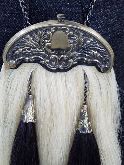 Long Horse Hair Sporran with Two White Tassels Handmade Cowhide Leather