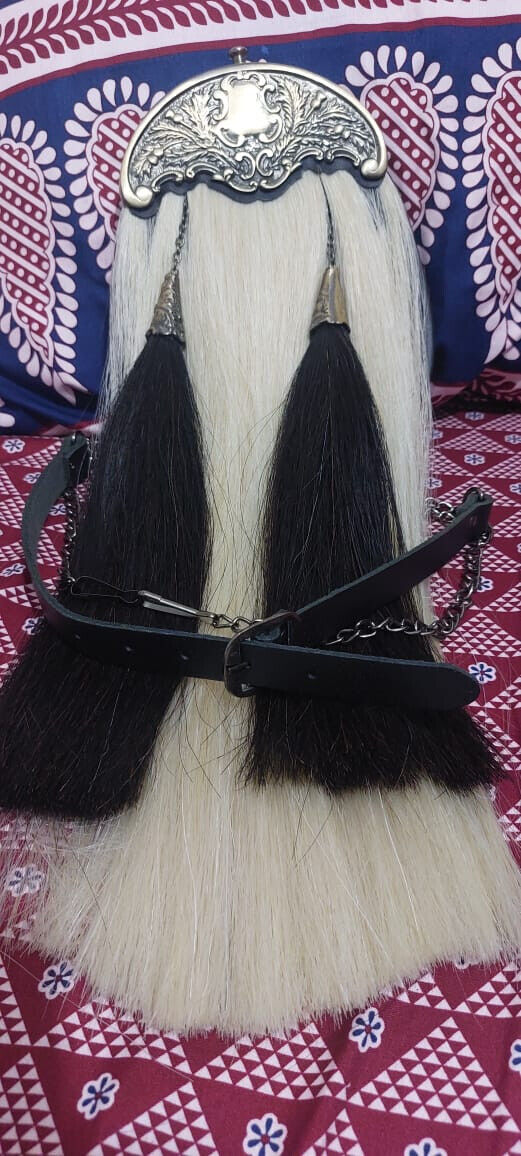 Long Horse Hair Sporran with Two White Tassels Handmade Cowhide Leather
