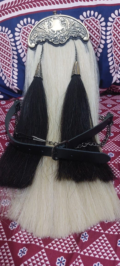 Long Horse Hair Sporran with Two White Tassels Handmade Cowhide Leather
