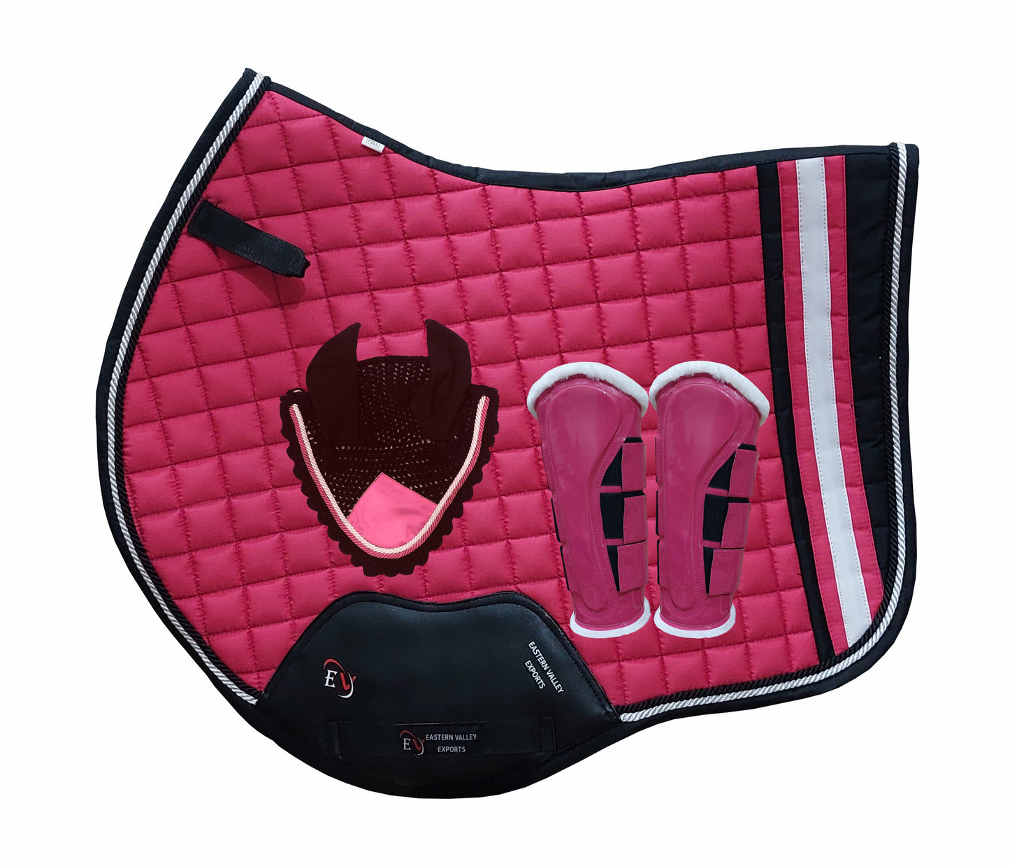 Horse Saddle Pad Set including Fly Veils & Tendon Boots, Pink Cotton Quilted - Jumping