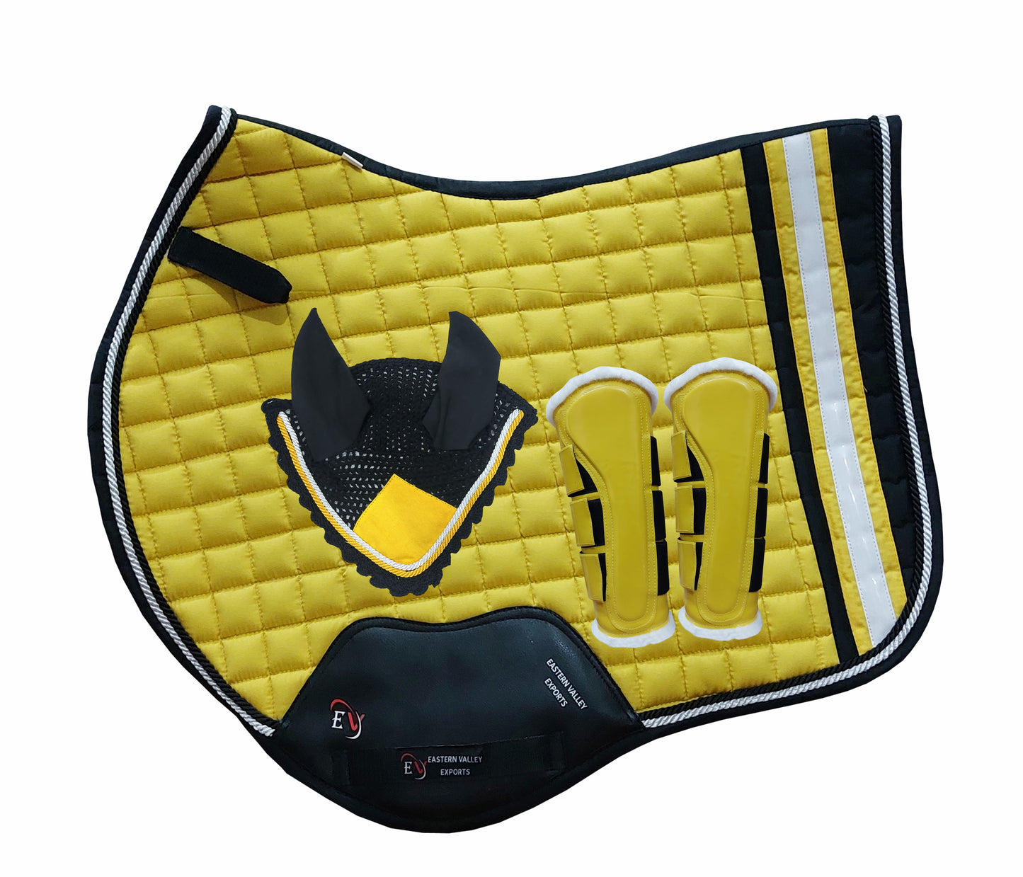 Horse Saddle Pad Set including Fly Veils & Tendon Boots,  Yellow Cotton Quilted - Jumping