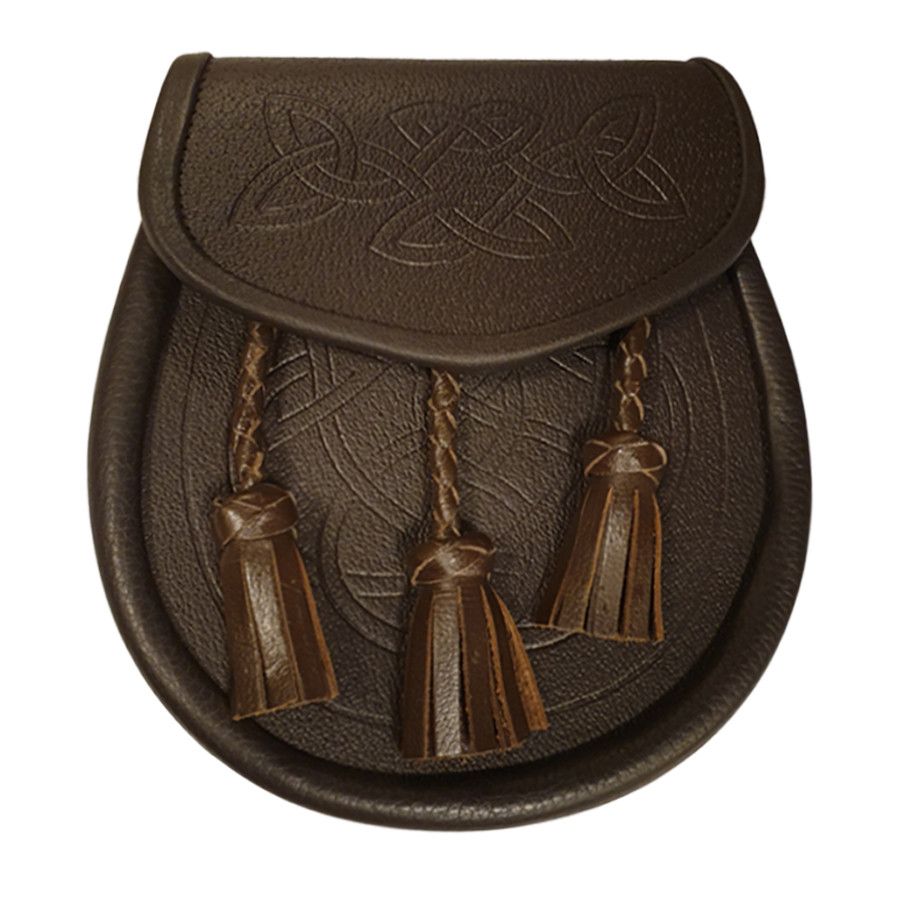 Leather Day Sporran with Embossed Celtic Pattern and 3 Twisted Tassels in Brown with Leather Chain Strap