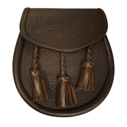 Leather Day Sporran with Embossed Celtic Pattern and 3 Twisted Tassels in Brown with Leather Chain Strap
