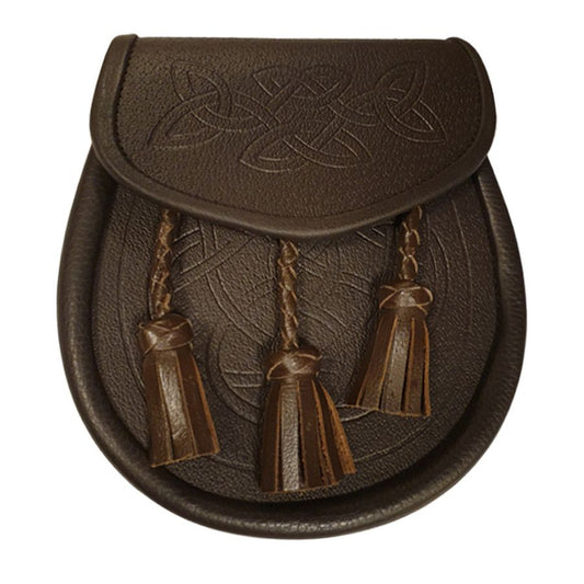 Leather Day Sporran with Embossed Celtic Pattern and 3 Twisted Tassels in Brown with Leather Chain Strap