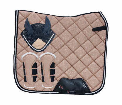 Horse Saddle Pad Set including Fly Veils & Tendon Boots, Shiny Glitter Golden - Dressage