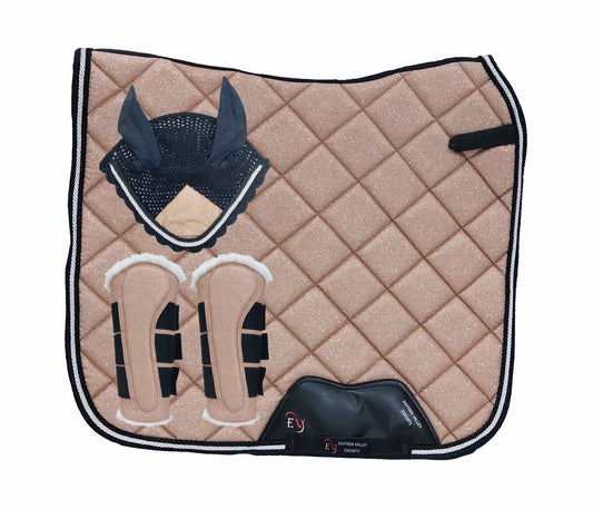 Horse Saddle Pad Set including Fly Veils & Tendon Boots, Shiny Glitter Golden - Dressage
