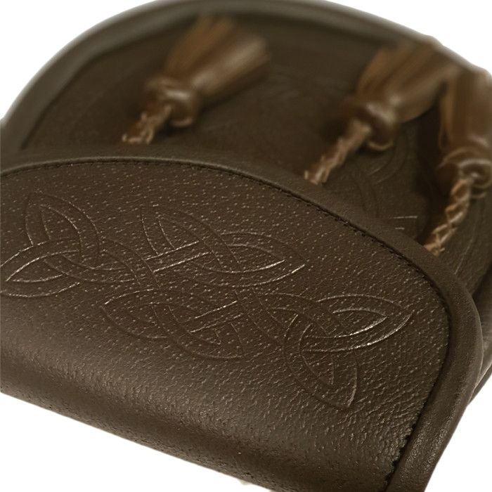 Leather Day Sporran with Embossed Celtic Pattern and 3 Twisted Tassels in Brown with Leather Chain Strap