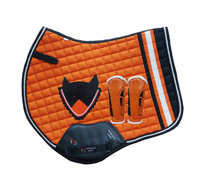 Horse Saddle Pad Set including Fly Veils & Tendon Boots, Orange Cotton Quilted - Jumping