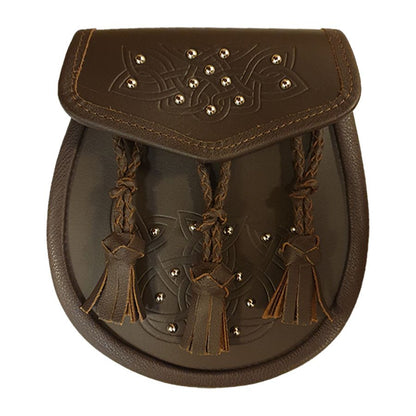 Leather Day Sporran All Over Studded Celtic Design and 3 Pleated Tassels in Brown with Leather Chain Strap